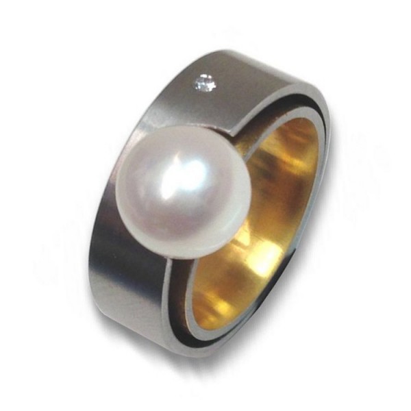 Ernstes Design Ring 63 - bicolor - Edelstahl Brillant Zuchtperle / R63.8.54