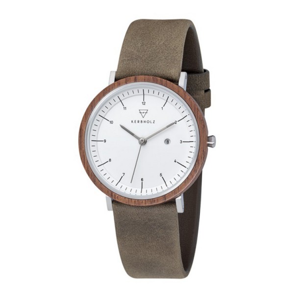 Kerbholz Uhr - Amelie Walnut Olive - Leder grau/braun / Amelie Walnut Olive