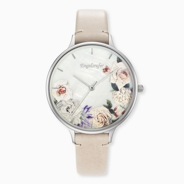 Engelsrufer Uhr - Blume - Perlmutt - Lederband silber beige / ERWA-FLOWER2-LBE1-LS