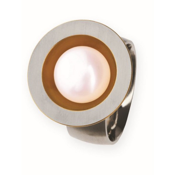 Ernstes Design Ring 56 - Edelstahl - bicolor- Zuchtperle / R162.56